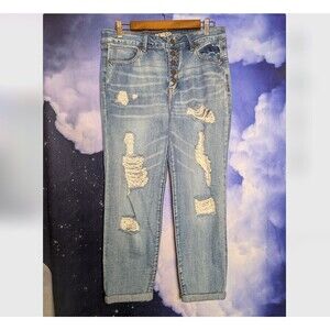 Distressed Rewash High Rise Mom Jeans Button Fly 11/30 Light Wash Y2K Grunge